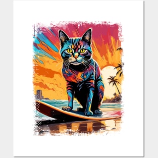 Cat Surfing Cute Colorful Comic Illustration Posters and Art